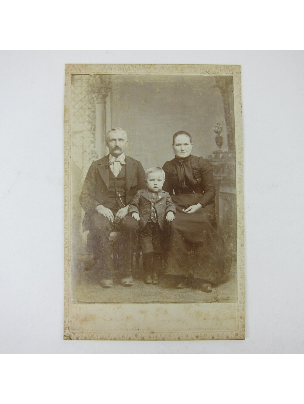 Cabinet Card Photograph Family Man & Woman Sit with Son Todder Boy Antique 1880s